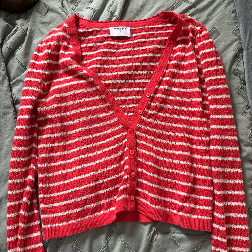 Old Navy Red and White Striped Cardigan